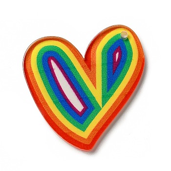 Rainbow Color Printed Acrylic Pendants, Heart Pattern, 31x30.5x2.5mm, Hole: 1.6mm
