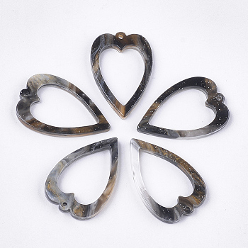 Cellulose Acetate(Resin) Pendants, Heart, Gray, 28x18.5x2.5mm, Hole: 1.2mm