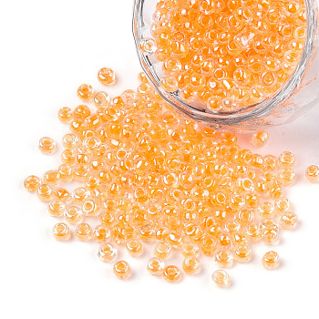 8/0 Glass Seed Beads, Transparent Inside Colours Luster, Round Hole, Round, Orange, 8/0, 3~4x2~3mm, Hole: 0.8mm, about 15000pcs/bag