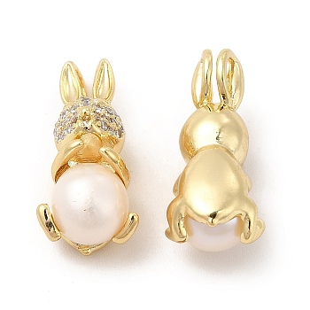 Brass Micro Pave Cubic Zirconia Pendants, with Pearl, Rabbit Charm, Real 14K Gold Plated, 18.5x8x9.5mm, Hole: 2x3mm