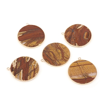 Natural Picture Jasper Pendants, with Brass Findings, Flat Round, Golden, 32~34x28.5~31x2mm, Hole: 1.6mm