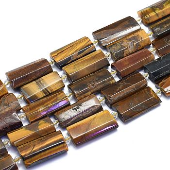 Natural Tiger Eye Strands, Rectangle, Faceted, 27~29x13~14x6~7mm, Hole: 1.5mm, about 12pcs/Strand, 14.96 inch(38cm)