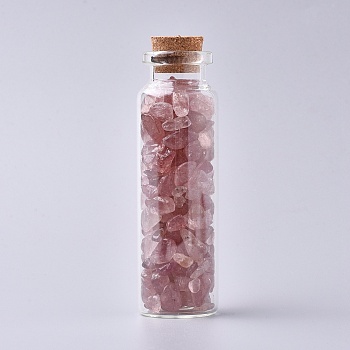 Glass Wishing Bottle, For Pendant Decoration, with Strawberry Quartz Chip Beads Inside and Cork Stopper, 22x71mm