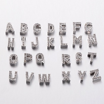 Platinum Plated Brass Micro Pave Cubic Zirconia Letter Slide Charms, Random Mixed Letters, 8~11x4~10x4~4.5mm, Hole: 4.5x1.5mm