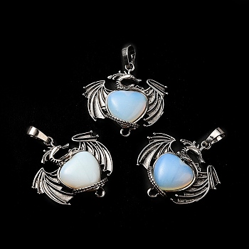 Opalite Heart Pendants, Dragon Charms, with Rack Plating Antique Silver Plated Brass Findings, Lead Free & Cadmium Free, 33x33.5~34x7~7.5mm, Hole: 8x5mm