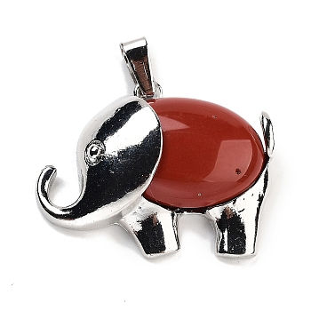 Natural Red Jasper Pendants, Elephant Charms with Alloy Findings, Platinum, 29x37~37.5x9.5~10mm, Hole: 3x9mm