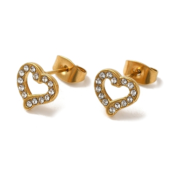304 Stainless Steel Crystal Rhinestone Stud Earrings for Women, Golden, Heart, 8.5x9mm