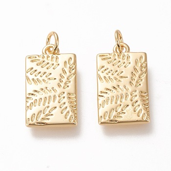 Brass Pendants, with Jump Rings, Long-Lasting Plated, Rectangle with Leaf, Real 18K Gold Plated, 20x11.3x2mm, Jump Ring: 5x1mm, Inner Diameter: 3mm