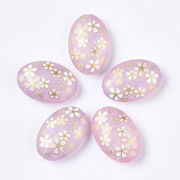 Printed Resin Beads, Frosted, Oval with Sakura Pattern, Pink, 29x20x10mm, Hole: 2mm