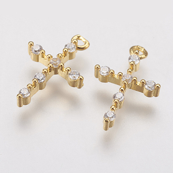 Brass Micro Pave Cubic Zirconia Tiny Cross Charms, Golden, 13.5x9x2.5mm, Hole: 1mm