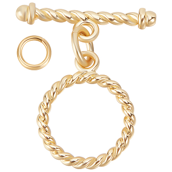 12 Sets Brass Toggle Clasps, Long-Lasting Plated, Twist Ring, Real 18K Gold Plated, Ring: 14.5x12x2mm, Hole: 3.5mm, Bar: 5x17x2.5mm, hole: 3.5mm