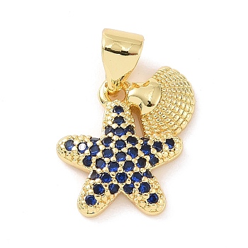Brass Micro Pave Cubic Zirconia Charms, Starfish with Shell Shape Charm, Real 18K Gold Plated, Medium Blue, 13.5x13x2.5mm, Hole: 3x4mm