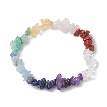 Chakra Natural Rose Quartz & Quartz Crystal & Red Jasper & Green Aventurine & Lapis Lazuli & Amethyst Chip Beaded Stretch Bracelets, Inner Diameter: 2-1/8 inch(5.5cm)