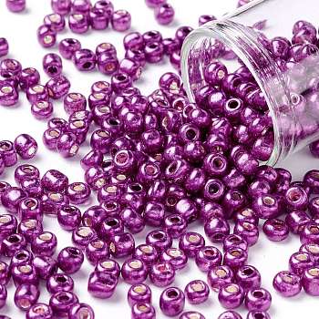 6/0 Glass Seed Beads, Metallic Colours Style, Round, Purple, 6/0, 4mm, Hole: 1.5mm, about 4500pcs/pound
