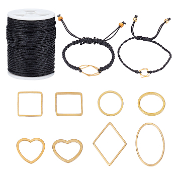 PandaHall Elite DIY Cord Bracelets Making Kit, Including Waxed Cotton Cords, 304 Stainless Steel & Brass Linking Rings, Black, Cord: 0.95~1mm, 10mm/set