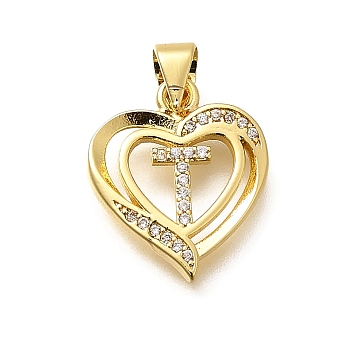 Rack Plating Brass Micro Pave Cubic Zirconia Pendants, Long-Lasting Plated, Lead Free & Cadmium Free,Real 18K Gold Plated, Heart with Letter Charms, Letter T, 17.5x15x2.5mm, Hole: 5x3mm