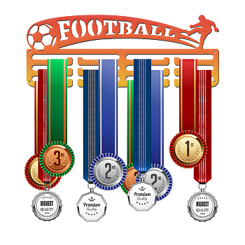 Color Gradient Iron Medal Holder, Medals Display Hanger Rack, Medal Holder Frame, Rectangle with Word FOOTBALL, Orange Red, 150x400x2mm