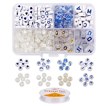 DIY Letter Beads Bracelet Making Kit, Including Flat Round Transparent & Opaque Acrylic Beads and Elastic Thread, Blue, Beads: about 395pcs/set