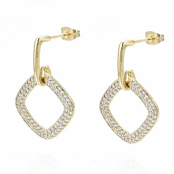 Brass Micro Pave Cubic Zirconia Dangle Stud Earrings, with Earring Backs, Nickel Free, Rhombus, Real 16K Gold Plated, Clear, 32mm, Pin: 0.8mm