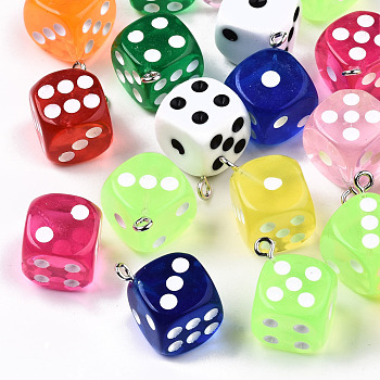 Epoxy Resin Pendants, with Platinum Plated Iron Loop, Cube with Dice, Mix Style, Mixed Color, 23x19x19mm, Hole: 2mm