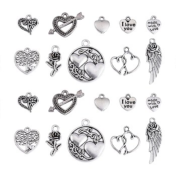 100pcs 10 Style Tibetan Style Alloy Charms, Lead Free & Cadmium Free, for Valentine's Day, Heart & Rose & Wings & Flat Round, Antique Silver, 11.5~30x10~24x1~3mm, Hole: 1~2.5mm, 10pcs/sytle