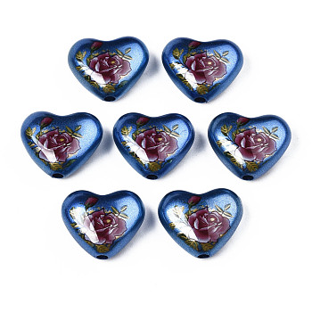 Spray Painted Opaque Acrylic Beads, Heart with Flower, Marine Blue, 16x19x8mm, Hole: 2mm