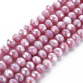 Opaque Baking Painted Glass Beads Strands, Imitation Stones, Faceted, AB Color Plated, Rondelle, Flamingo, 8x6mm, Hole: 1.2mm, about 63~64pcs/strand, 15.87 inch~16.14 inch(40.3~41cm)
