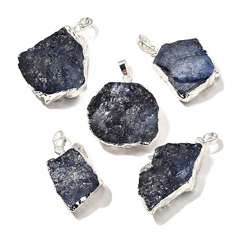 Raw Rough Natural Dyed Quartz Crystal Pendants, Nuggets Charms, with Brass Findings, Silver Color Plated, Midnight Blue, 21~45x18~39x8~19mm, Hole: 7x4.5mm