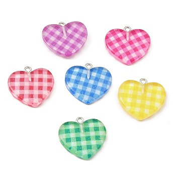 Translucent Resin Pendants, Glitter Tartan Charms with Platinum Plated Iron Loops, Mixed Color, Heart, 22.5x23x4.5mm, Hole: 2mm