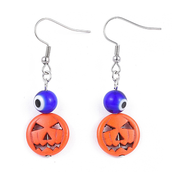 Dyed Synthetic Turquoise Dangle Earrings, with Round Handmade Evil Eye Lampwork Bead and 316 Surgical Stainless Steel Earring Hook, Halloween Pumpkin, Orange Red, 47.5~48mm, Pin: 0.7mm