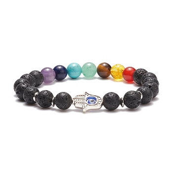 Natural & Synthetic Mixed Gemstone Stretch Bracelet with Alloy Hamsa Hand, 7 Chakra Jewelry for Women, Inner Diameter: 2-1/8 inch(5.5cm)