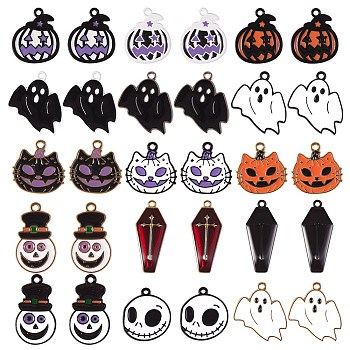 30Pcs 15 Style Alloy Enamel Pendants, for Halloween, Ghost & Coffin & Pumpkin & Grimace & Skull, Mixed Color, 2pcs/style