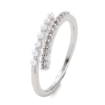 Clear Cubic Zirconia Curff Ring with ABS Imitation Pearl Beaded, Adjustable Brass Ring, Platinum, Inner Diameter: 17mm