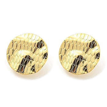 Textured Flat Round Rack Plating Brass Stud Earrings Findings, with Loops, Long-Lasting Plated, Cadmium Free & Lead Free, Real 18K Gold Plated, 20mm, Hole: 2.3mm, Pin: 11x0.7mm