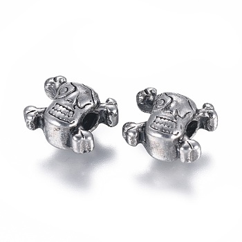 304 Stainless Steel European Beads, Large Hole Beads, Skull, Antique Silver, 11.5x14.5x9mm, Hole: 4.5~5mm