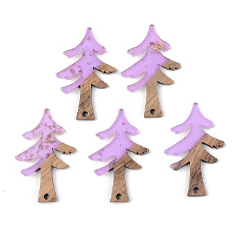 Transparent Resin & Walnut Wood Pendants, with Gold Foil, Christmas Tree, Lilac, 38x24.5x3mm, Hole: 2mm