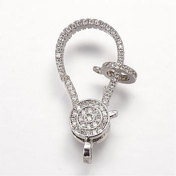Brass Micro Pave Cubic Zirconia Lobster Claw Clasps, Platinum, 31x14x4.5mm, Hole: 2mm
