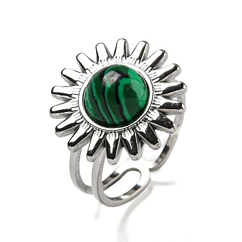 Sun 304 Stainless Steel Open Cuff Rings, Synthetic Malachite Finger Rings for Women Men, Stainless Steel Color, Adjustable