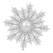 SHEGRACE Brass Safety Brooch, with Grade AAA Cubic Zirconia and Shell Pearl, Snowflake, Platinum, 52.5mm(JBR073A)