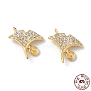 925 Sterling Silver Charms, with Cubic Zirconia, Gingko Leaf Charm, with S925 Stamp, Real 18K Gold Plated, 14x13x2mm, Hole: 1.2mm, Pin: 0.6mm(STER-M114-02G)