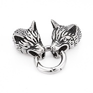 Wolf Head Stainless Steel Spring Gate Rings, O Rings with Two Cord End Caps, Antique Silver, 61x18x16.5mm(STAS-Q209-33)