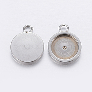 201 Stainless Steel Pendant Cabochon Settings, Flat Round, Stainless Steel Color, Tray: 12mm, 18x14x2mm, Hole: 2.5mm(STAS-P198-17-12mm)