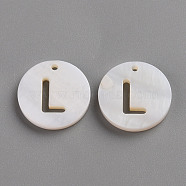 Natural Freshwater Shell Pendants, Flat Round with Letter, Letter.L, 12x1.5mm, Hole: 1mm(SHEL-Q311-008L)