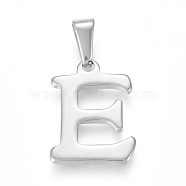 304 Stainless Steel Pendants, Stainless Steel Color, Initial Letter.E, 20x15x1.8mm, Hole: 3x7mm(STAS-F106-95P-E-01)