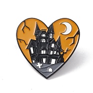 Heart with Castle Enamel Pin, Halloween Alloy Badge for Backpack Clothes, Electrophoresis Black, Peru, 30x30.5x1.5mm,Pin: 1mm(JEWB-H008-21EB)
