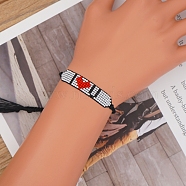 Glass Seed Wide Band with Word I Love U Heart Friendship Link Bracelet for Women, Red, 11 inch(28cm)(BJEW-P269-11)