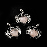 Natural Rose Quartz Heart Pendants, Dragon Charms, with Rack Plating Antique Silver Plated Brass Findings, Lead Free & Cadmium Free, 33x33.5~34x7~7.5mm, Hole: 8x5mm(KK-K331-01AS-06)