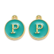 Golden Plated Alloy Enamel Charms, Enamelled Sequins, Flat Round with Alphabet, Letter.P, Green, 14x12x2mm, Hole: 1.5mm(ENAM-Q437-15P)