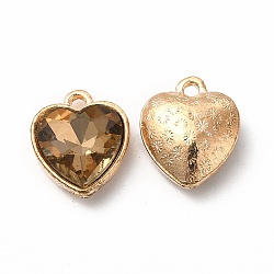 Faceted Glass Rhinestone Pendants, with Golden Tone Zinc Alloy Findings, Heart Charms, Camel, 16.5x14x6.5mm, Hole: 1.6mm(GLAA-I051-B02)