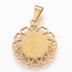 304 Stainless Steel Pendants, Flat Round, Saint Benedict Medal, Golden, 31x27x2mm, Hole: 5x8mm(STAS-F165-35G)